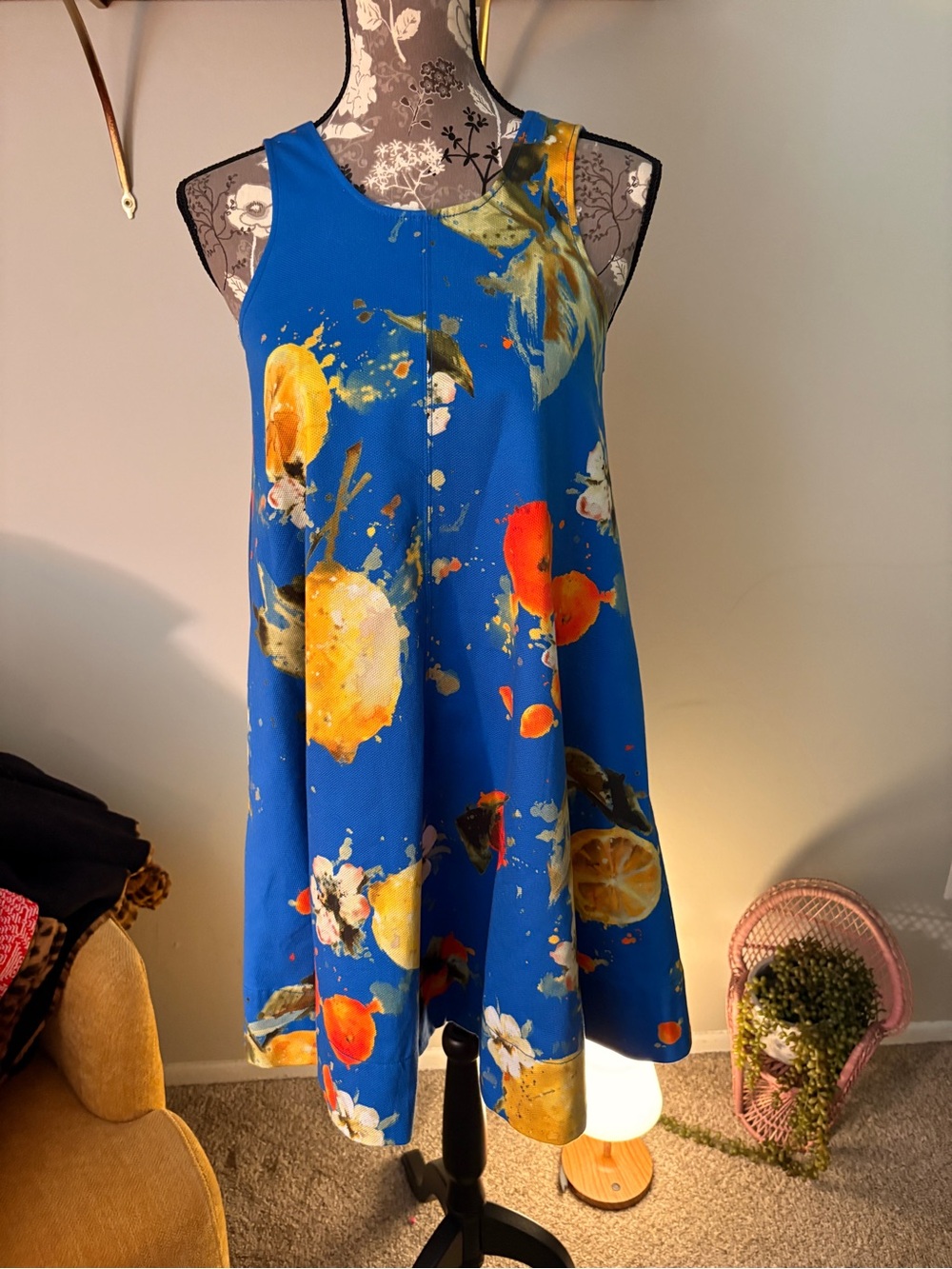 Maeve Anthropologie Blue Citrus Floral Swing Dress Pockets XXS